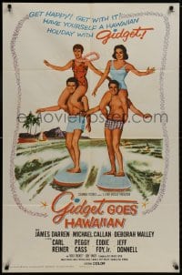 8z347 GIDGET GOES HAWAIIAN 1sh 1961 best image of two guys surfing with girls on their shoulders!