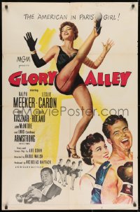 8z352 GLORY ALLEY 1sh 1952 boxer Ralph Meeker, sexy Leslie Caron, Louis Armstrong playing trumpet!