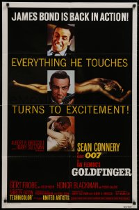 8z366 GOLDFINGER 1sh R1980 three great images of Sean Connery as James Bond 007!