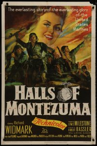 8z387 HALLS OF MONTEZUMA 1sh 1951 Richard Widmark, art of WWII U.S. Marines charging into battle!