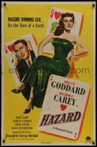 8z397 HAZARD style A 1sh 1948 great art of sexy Paulette Goddard winning Carey gambling at cards!