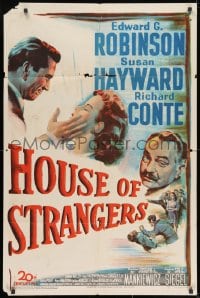 8z437 HOUSE OF STRANGERS 1sh 1949 Edward G. Robinson, Richard Conte slaps Susan Hayward!