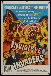 8z466 INVISIBLE INVADERS 1sh 1959 cool artwork of alien who gives Earth 24 hours to surrender!