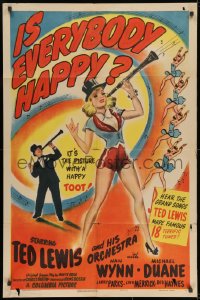 8z470 IS EVERYBODY HAPPY 1sh 1943 biography of jazz musician Ted Lewis, art of sexy babe w/clarinet!
