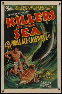 8z508 KILLERS OF THE SEA 1sh 1937 cool underwater art of skin diver w/ terrified turtle & shark!