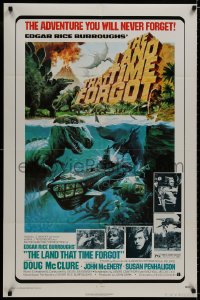 8z526 LAND THAT TIME FORGOT 1sh 1975 Edgar Rice Burroughs, cool George Akimoto dinosaur art!
