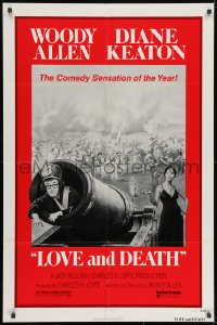 8z554 LOVE & DEATH style C 1sh 1975 Diane Keaton about to fire Woody Allen out of a cannon!