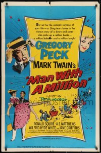 8z578 MAN WITH A MILLION 1sh 1954 Gregory Peck picks up a million babes & laughs, by Mark Twain!