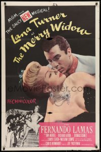 8z598 MERRY WIDOW 1sh 1952 great romantic close up of sexy Lana Turner & Fernando Lamas!