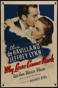 8z629 MY LOVE CAME BACK 1sh 1940 great romantic close up of Olivia de Havilland & Jeffrey Lynn!
