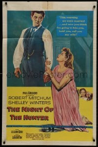 8z652 NIGHT OF THE HUNTER 1sh 1955 classic Robert Mitchum showing his love & hate hands!