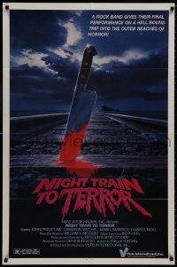 8z655 NIGHT TRAIN TO TERROR 1sh 1984 wacky art of monster by train going into jaws to Hell!