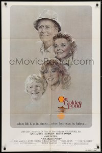 8z670 ON GOLDEN POND 1sh 1981 art of Hepburn, Henry Fonda, and Jane Fonda by C.D. de Mar