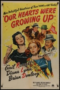 8z677 OUR HEARTS WERE GROWING UP style A 1sh 1946 full-length art of sexy Gail Russell & Diana Lynn!