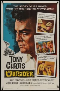 8z679 OUTSIDER 1sh 1962 great close up art of Tony Curtis as Ira Hayes of Iwo Jima fame!