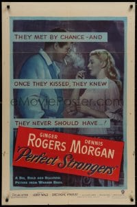8z685 PERFECT STRANGERS 1sh 1950 artwork of pretty Ginger Rogers smoking with Dennis Morgan!