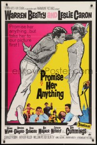 8z708 PROMISE HER ANYTHING 1sh 1966 art of Warren Beatty w/fingers crossed & pretty Leslie Caron!