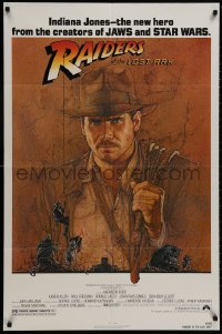 8z715 RAIDERS OF THE LOST ARK 1sh 1981 Richard Amsel art of Harrison Ford, Steven Spielberg!