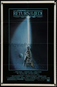 8z727 RETURN OF THE JEDI 1sh 1983 George Lucas, art of hands holding lightsaber by Reamer!