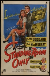 8z819 STANDING ROOM ONLY style A 1sh 1944 art of housemaid Paulette Goddard held by Fred MacMurray!