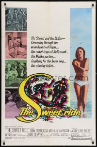 8z851 SWEET RIDE 1sh 1968 1st Jacqueline Bisset standing topless in bikini, cool surfing art!