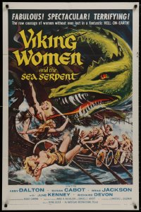 8z941 VIKING WOMEN & THE SEA SERPENT 1sh 1958 art of sexy female warriors attacked on ship!