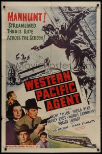 8z949 WESTERN PACIFIC AGENT 1sh 1950 Kent Taylor on a manhunt for shooter on top of bridge!
