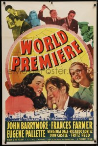 8z984 WORLD PREMIERE style A 1sh 1941 wacky John Barrymore & sexy Frances Farmer in front of globe!
