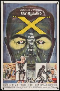 8z986 X: THE MAN WITH THE X-RAY EYES 1sh 1963 Ray Milland strips souls & bodies, cool art!