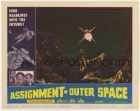 9b052 ASSIGNMENT-OUTER SPACE LC #2 1962 cool image of rocket flying over planet's surface!