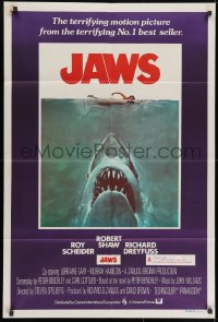 9c428 JAWS Aust 1sh 1975 art of Steven Spielberg's classic man-eating shark attacking sexy swimmer!