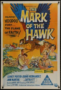 9c447 MARK OF THE HAWK Aust 1sh 1958 Sidney Poitier & Eartha Kitt against voodoo fury in Africa!