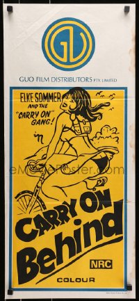9c573 CARRY ON BEHIND GUO Stock Aust daybill 1976 art of sexy Carol Hawkins on bicycle!