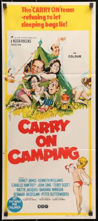 9c574 CARRY ON CAMPING Aust daybill 1970 AIP, Sidney James, English nudist sex, wacky artwork!