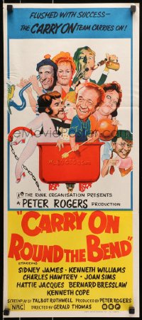 9c580 CARRY ON ROUND THE BEND Aust daybill 1971 Sidney James, Kenneth Williams, wacky art!