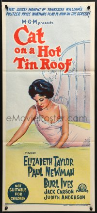 9c583 CAT ON A HOT TIN ROOF Aust daybill R1966 art of Elizabeth Taylor as Maggie the Cat!