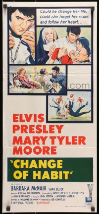 9c586 CHANGE OF HABIT Aust daybill 1969 art of Dr. Elvis Presley, Mary Tyler Moore!