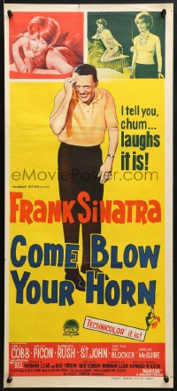 9c591 COME BLOW YOUR HORN Aust daybill 1963 close up of laughing Frank Sinatra, from Neil Simon's play!