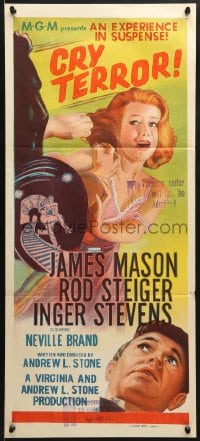9c594 CRY TERROR Aust daybill 1958 James Mason, Steiger, cool noir art, an experience in suspense!