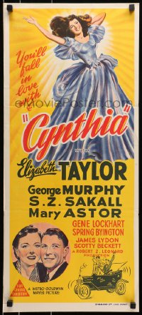 9c596 CYNTHIA Aust daybill 1947 art close up of sexy Elizabeth Taylor kissing Jimmy Lydon!