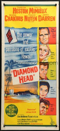 9c611 DIAMOND HEAD Aust daybill 1962 Charlton Heston, Yvette Mimieux, cool art of Hawaiian volcano!