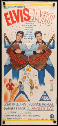 9c617 DOUBLE TROUBLE Aust daybill 1967 cool mirror image of rockin' Elvis Presley playing guitar!