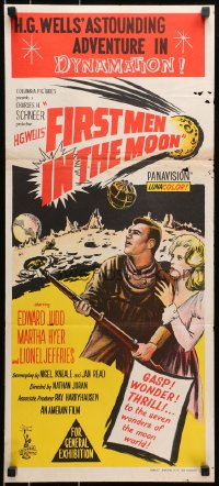 9c645 FIRST MEN IN THE MOON Aust daybill 1964 Ray Harryhausen, H.G. Wells, fantastic sci-fi art!