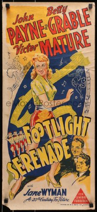 9c649 FOOTLIGHT SERENADE Aust daybill 1942 sexy full-length Betty Grable, John Payne, Mature!