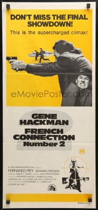 9c651 FRENCH CONNECTION II Aust daybill 1975 John Frankenheimer, c/u of Gene Hackman aiming his gun!