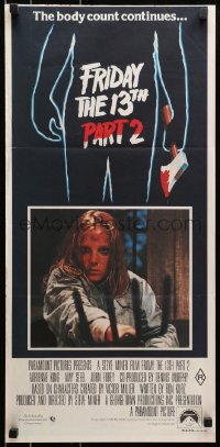 9c653 FRIDAY THE 13th PART II Aust daybill 1981 Amy Steel with pitchfork in slasher horror sequel!