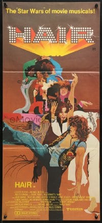 9c691 HAIR Aust daybill 1979 Milos Forman, Treat Williams, musical, great Bob Peak artwork!