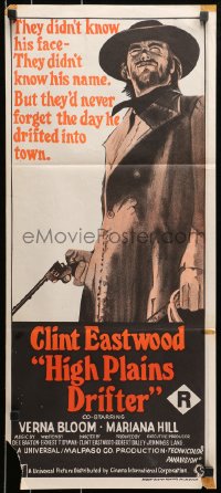 9c707 HIGH PLAINS DRIFTER Robert Burton printing Aust daybill 1973 Clint Eastwood with gun & whip!