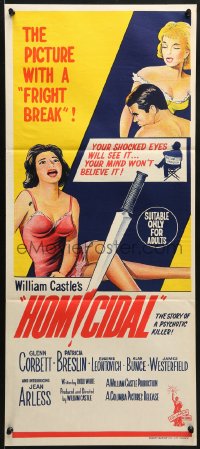 9c713 HOMICIDAL Aust daybill 1961 William Castle's frightening story of a psychotic female killer!