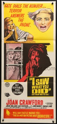 9c727 I SAW WHAT YOU DID Aust daybill 1965 Joan Crawford, William Castle, you may be the next target!
